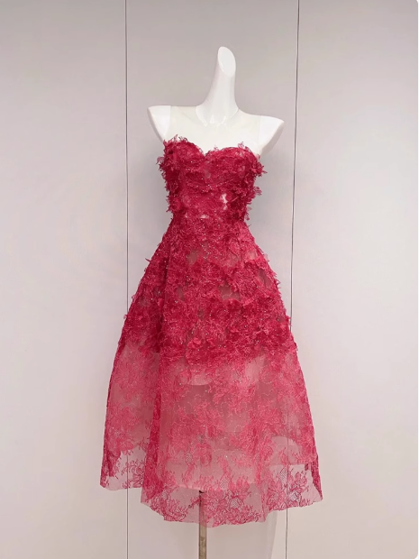 Red A-line tulle embroidered short prom dress, red homecoming dress ED01039