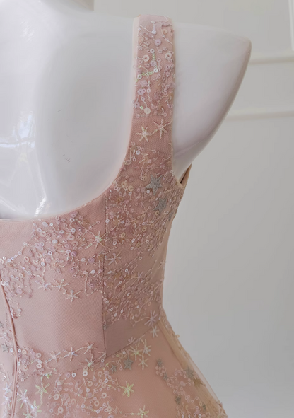 Light pink A-line tulle sequin short prom dress, light pink homecoming dress ED01040