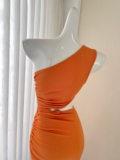 One-shoulder sleeveless dress with ruffled slits  ED01045