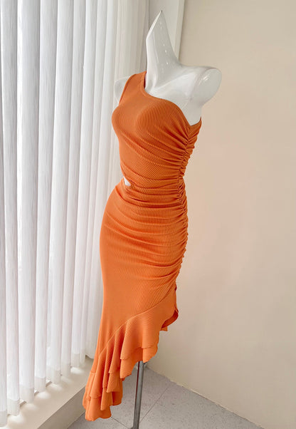 One-shoulder sleeveless dress with ruffled slits  ED01045