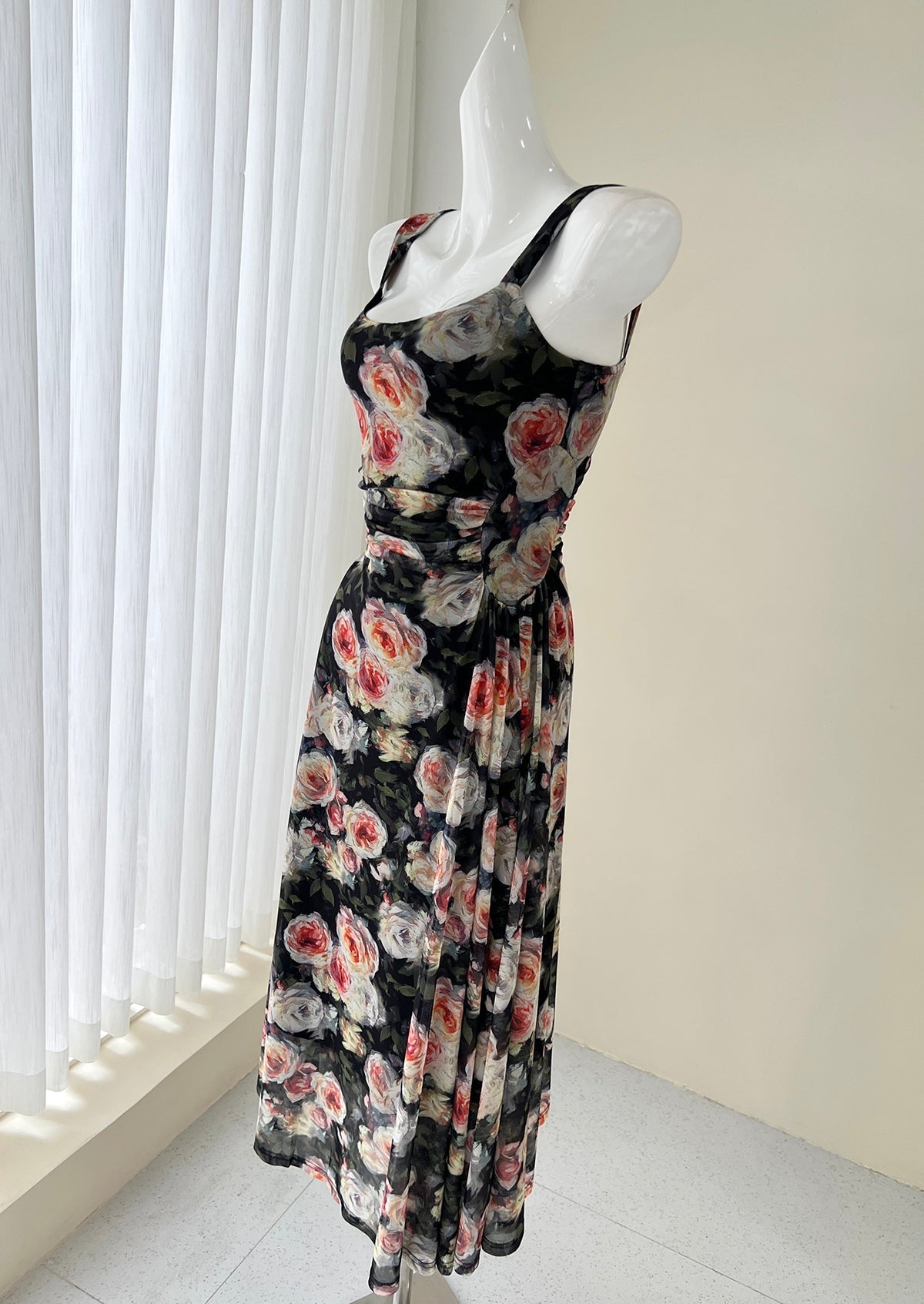 French style black floral sling tea dress  ED01046