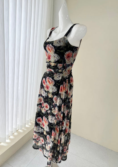 French style black floral sling tea dress  ED01046