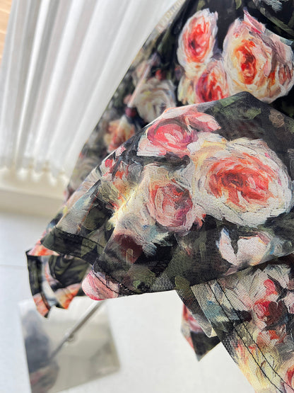 French style black floral sling tea dress  ED01046