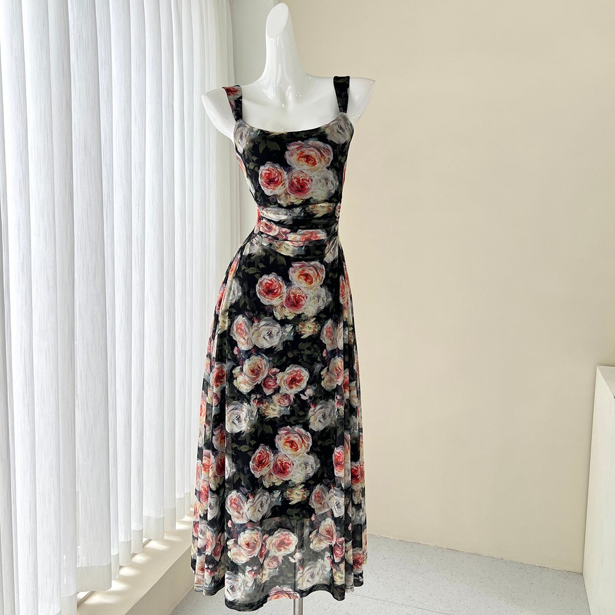 French style black floral sling tea dress  ED01046