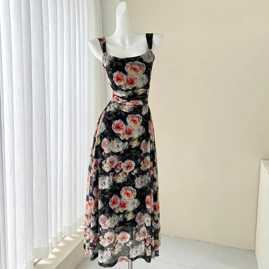 French style black floral sling tea dress  ED01046