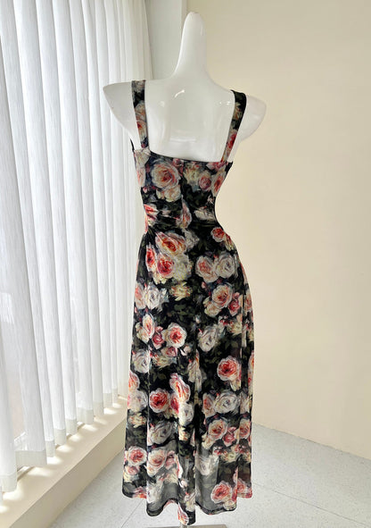 French style black floral sling tea dress  ED01046