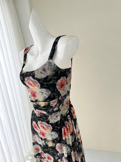 French style black floral sling tea dress  ED01046