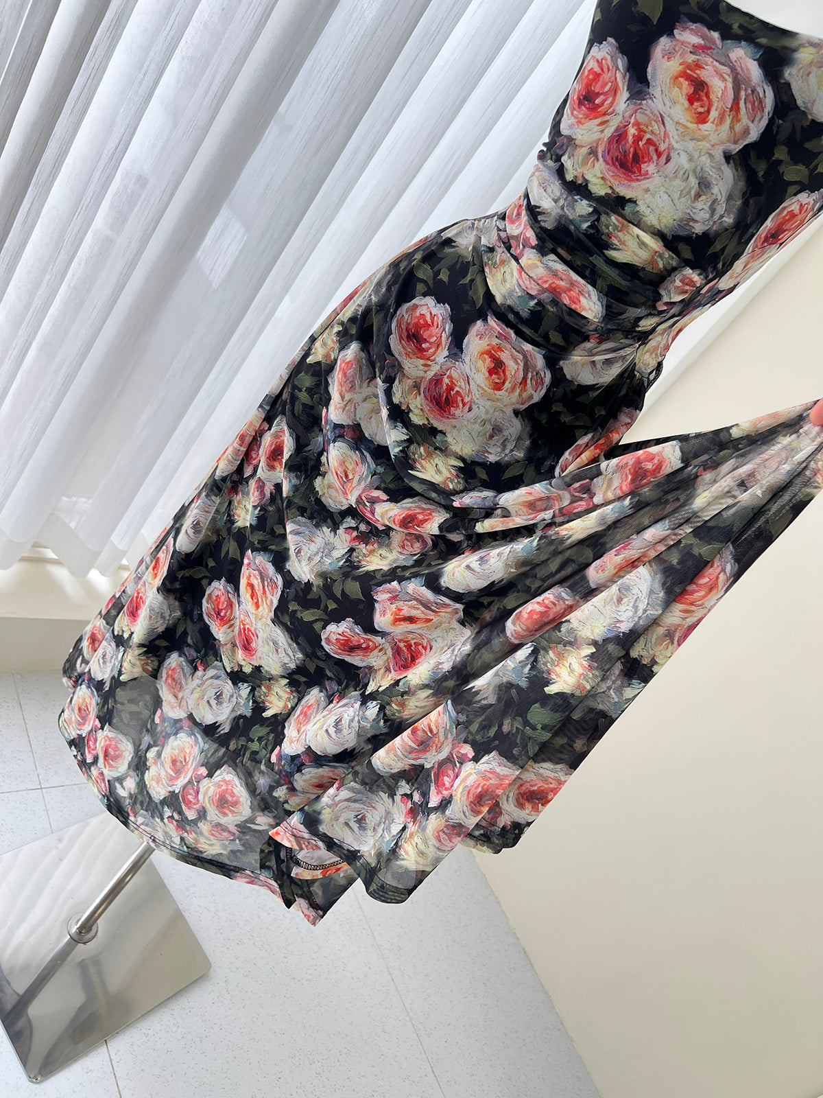 French style black floral sling tea dress  ED01046