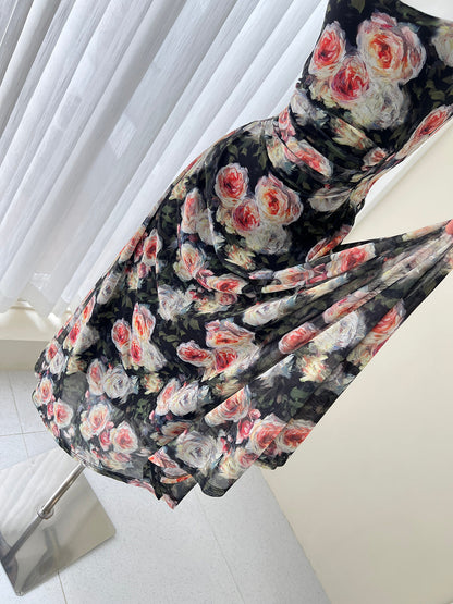 French style black floral sling tea dress  ED01046