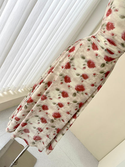 French red floral sling tea dress  ED01047