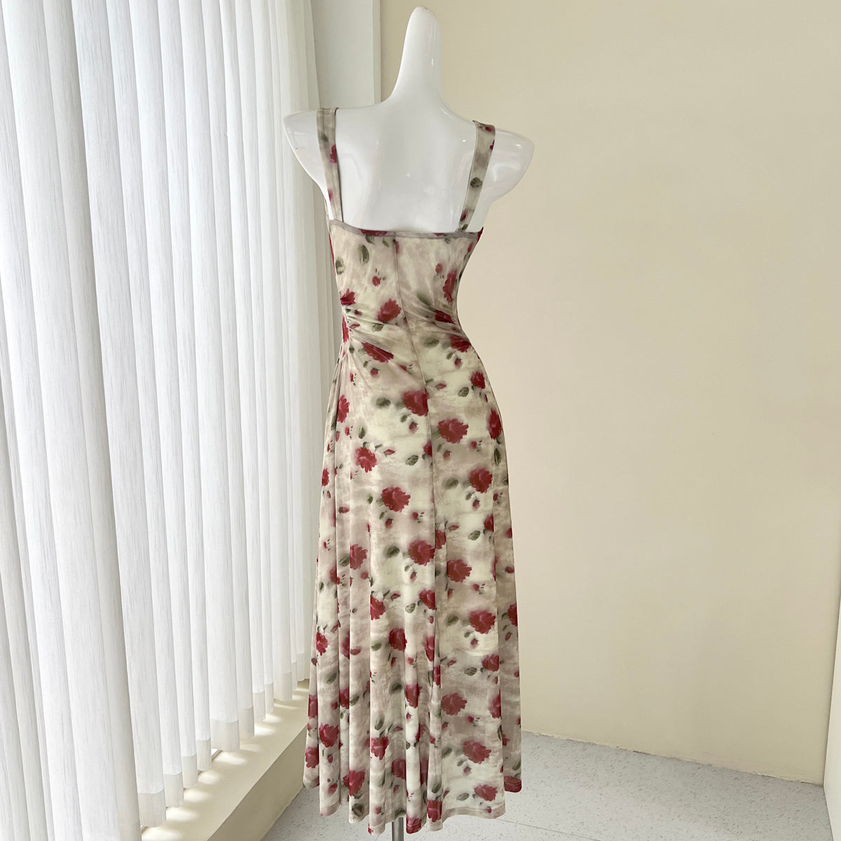 French red floral sling tea dress  ED01047