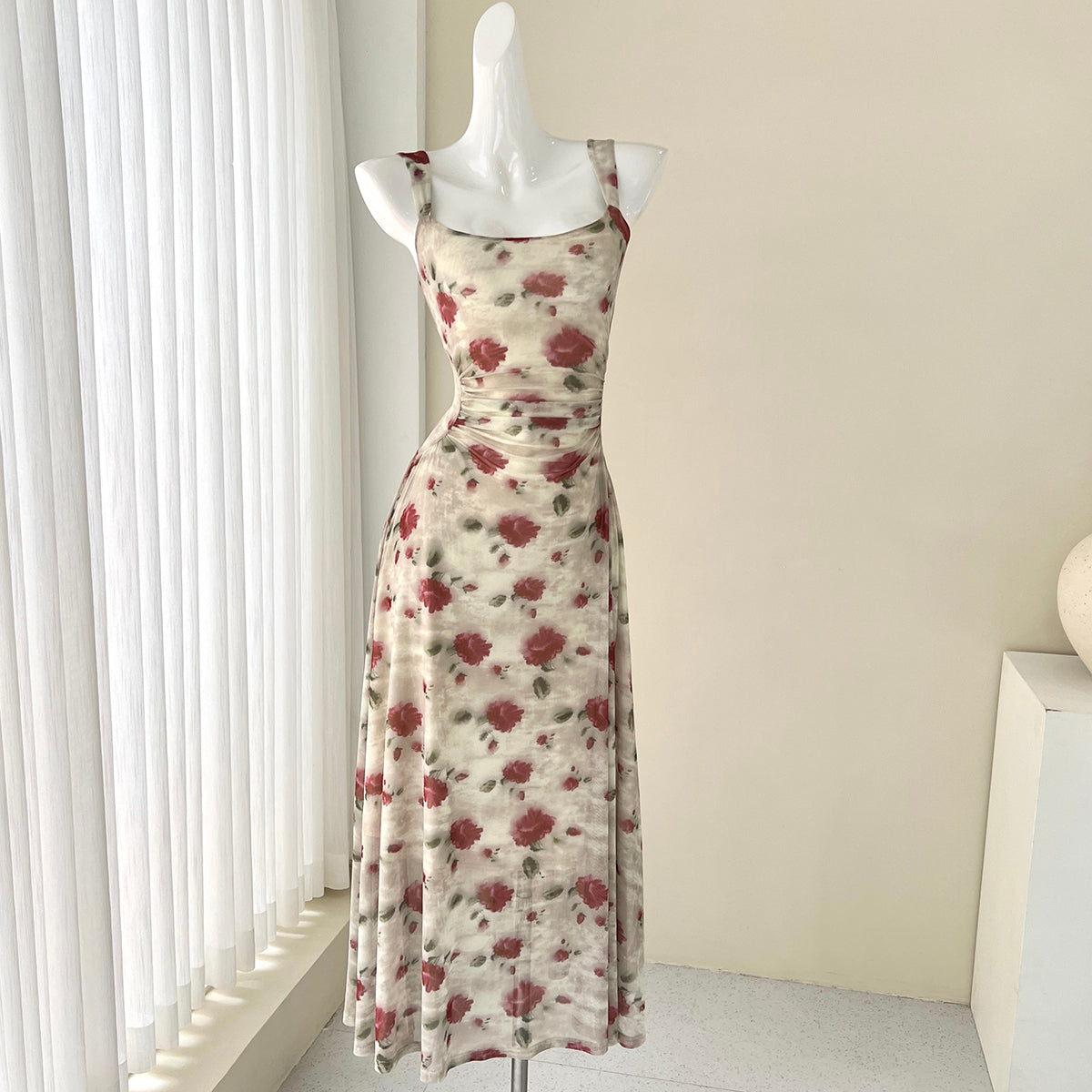 French red floral sling tea dress  ED01047