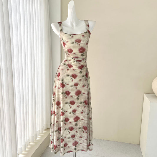 French red floral sling tea dress  ED01047
