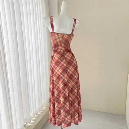 French retro plaid suspender tea dress  ED01048