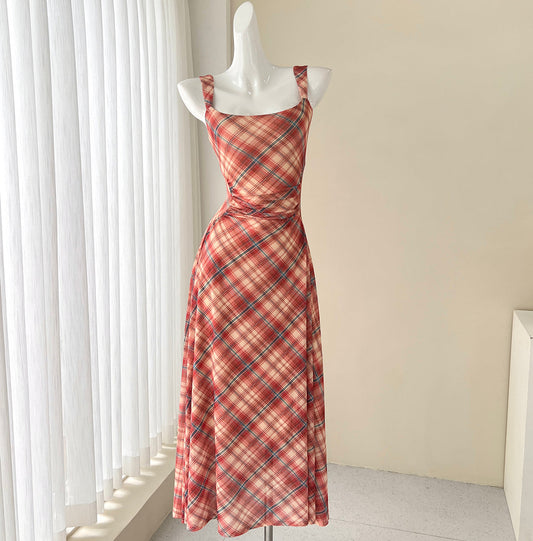 French retro plaid suspender tea dress  ED01048