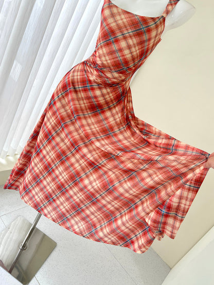 French retro plaid suspender tea dress  ED01048