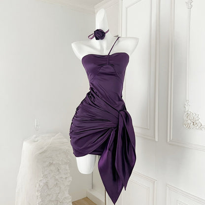 Purple Floral Halter Neck Satin Tube Dress  ED01050