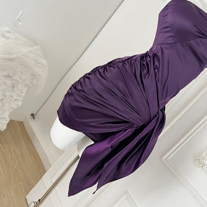 Purple Floral Halter Neck Satin Tube Dress  ED01050