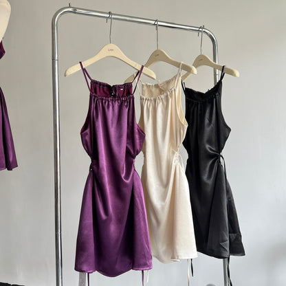 American style waist-baring halter neck pleated dress  ED01051