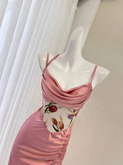 Red waist printed satin suspender dress ED01052