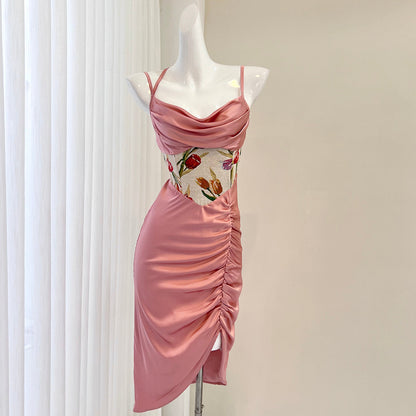 Red waist printed satin suspender dress ED01052