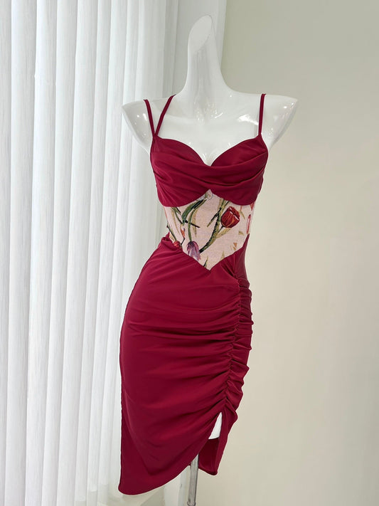 Red waist printed satin suspender dress ED01052