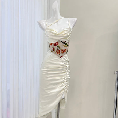 Red waist printed satin suspender dress ED01052