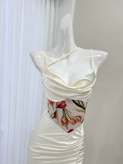 Red waist printed satin suspender dress ED01052