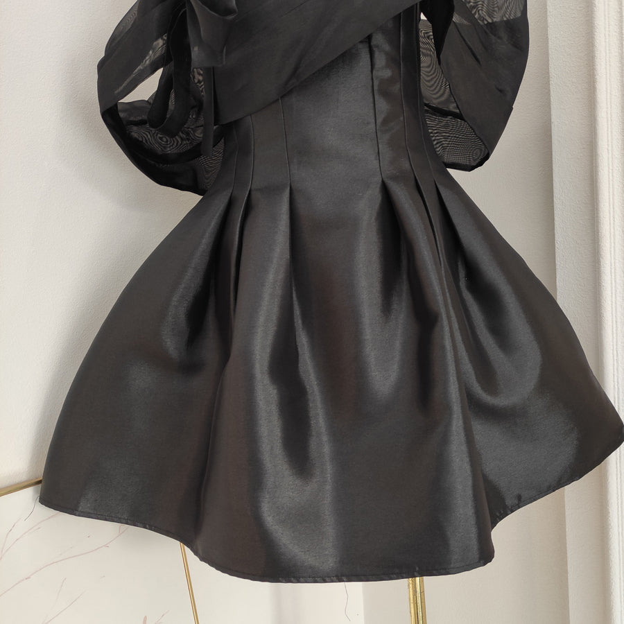 Black A-line off-the-shoulder tulle satin short prom dress, pink homecoming dress ED01054