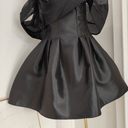 Black A-line off-the-shoulder tulle satin short prom dress, pink homecoming dress ED01054