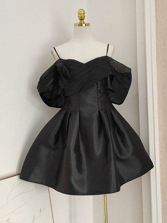 Black A-line off-the-shoulder tulle satin short prom dress, pink homecoming dress ED01054