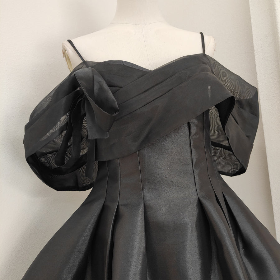 Black A-line off-the-shoulder tulle satin short prom dress, pink homecoming dress ED01054