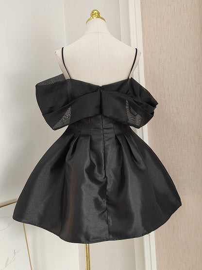 Black A-line off-the-shoulder tulle satin short prom dress, pink homecoming dress ED01054