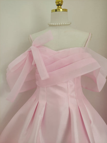 Pink A-line off-the-shoulder tulle satin short prom dress, pink homecoming dress ED01056