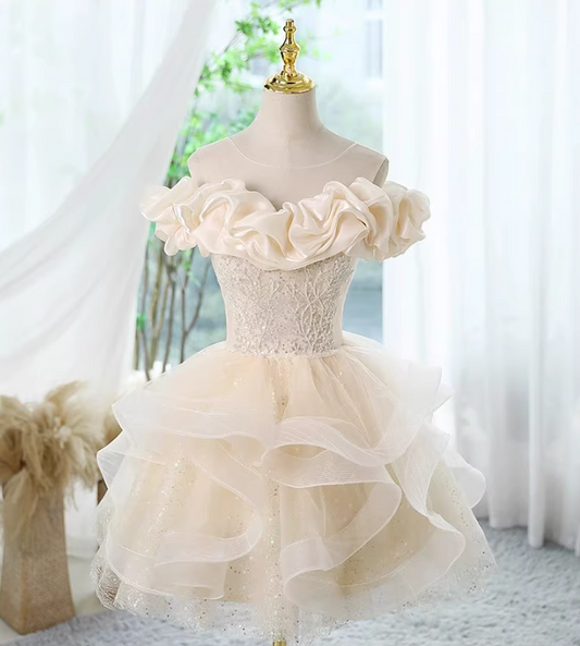Champagne A-line off-the-shoulder tulle lace short prom dress, champagne homecoming dress ED01055
