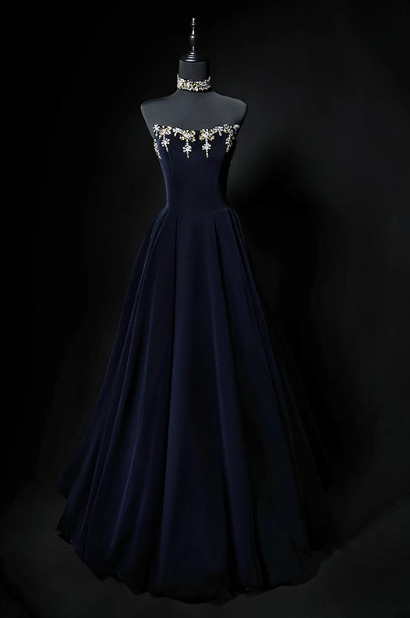 Navy A-line strapless velvet long prom dress, navy evening dress ED01057
