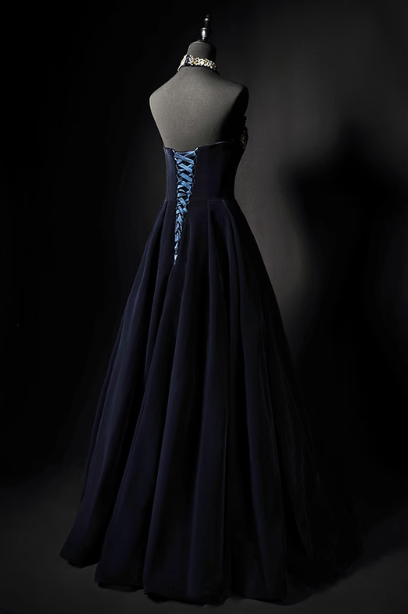 Navy A-line strapless velvet long prom dress, navy evening dress ED01057