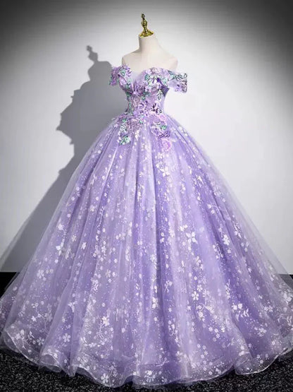 A-Line Off Shoulder Tulle Lace Purple Long Prom Dress, Purple Long Formal Dress ED01058