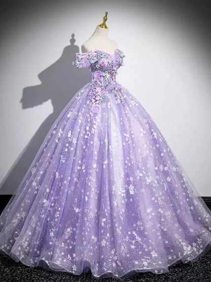 A-Line Off Shoulder Tulle Lace Purple Long Prom Dress, Purple Long Formal Dress ED01058