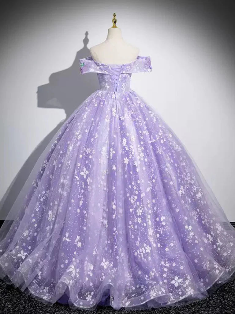 A-Line Off Shoulder Tulle Lace Purple Long Prom Dress, Purple Long Formal Dress ED01058