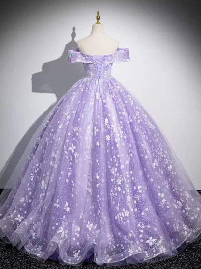 A-Line Off Shoulder Tulle Lace Purple Long Prom Dress, Purple Long Formal Dress ED01058