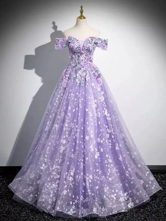 A-Line Off Shoulder Tulle Lace Purple Long Prom Dress, Purple Long Formal Dress ED01058