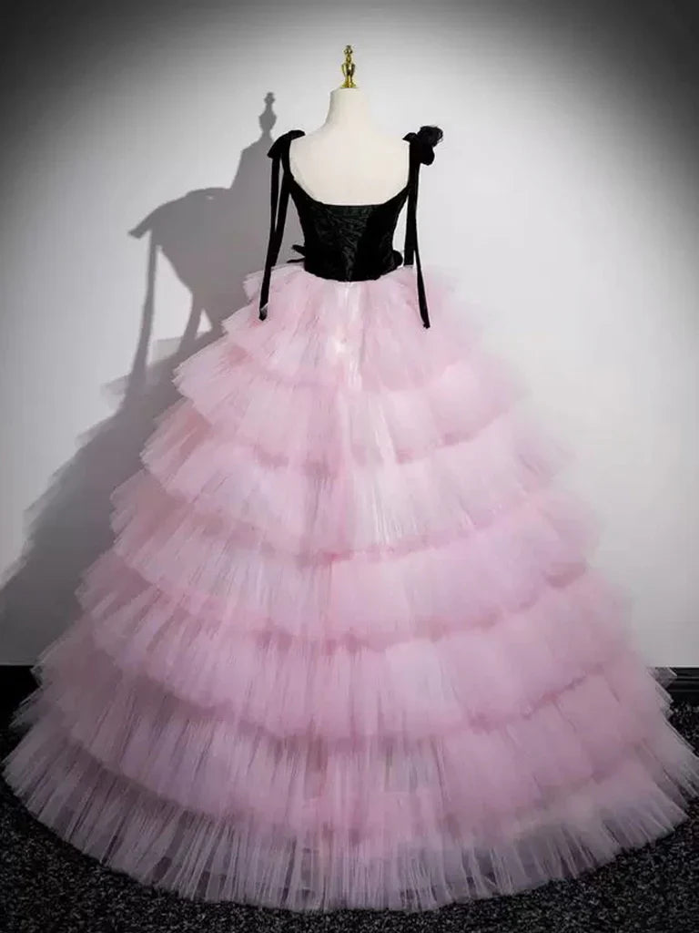 A-Line V Neck Pink Tulle Long Prom Dress, Pink Long Formal Dress ED01059