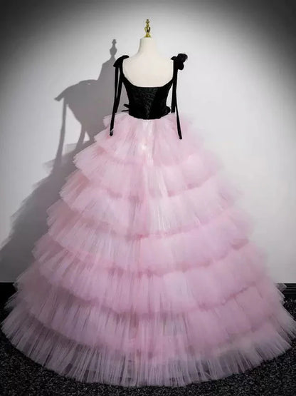 A-Line V Neck Pink Tulle Long Prom Dress, Pink Long Formal Dress ED01059