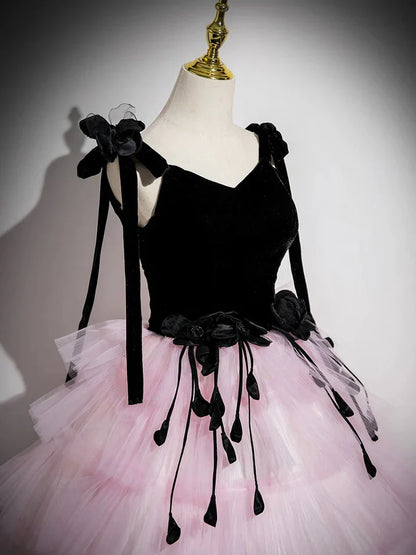 A-Line V Neck Pink Tulle Long Prom Dress, Pink Long Formal Dress ED01059