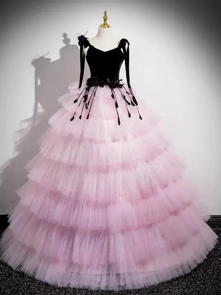 A-Line V Neck Pink Tulle Long Prom Dress, Pink Long Formal Dress ED01059