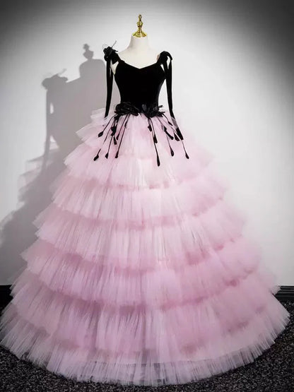A-Line V Neck Pink Tulle Long Prom Dress, Pink Long Formal Dress ED01059