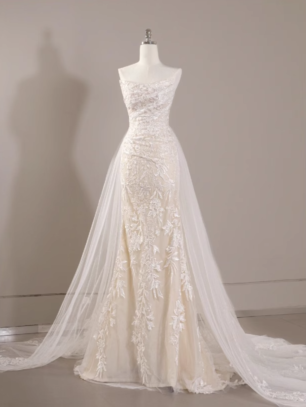 White mermaid tulle lace long prom dress, white wedding dress ED01061