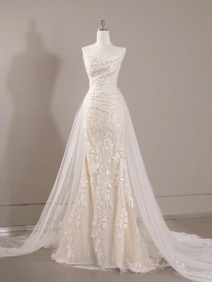 White mermaid tulle lace long prom dress, white wedding dress ED01061