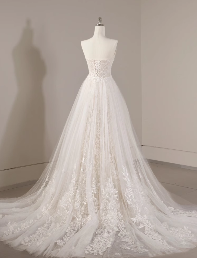 White mermaid tulle lace long prom dress, white wedding dress ED01061